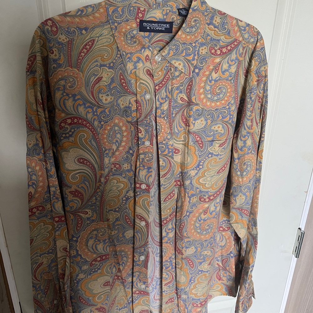 Roundtree & Yorke Paisley Button Down Shirt - Blue, Orange, Yellow